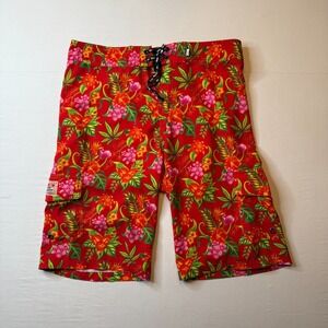 DGK Board‎ Shorts Mens 32 Red Hawaiian Floral Print Permanent Vacation Surf Swim